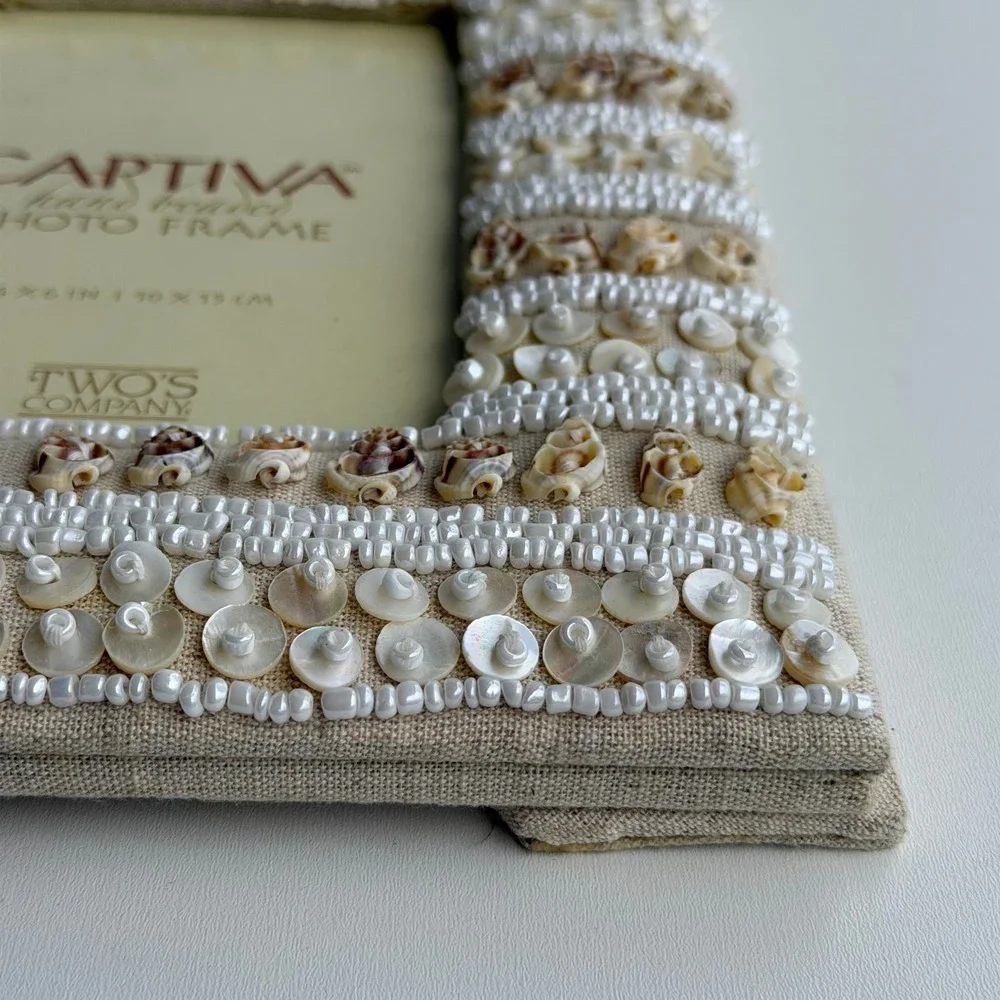 Vintage Captiva Photo Frame‎ 4x6 Cream Boho Chic Whimsy Shell Beaded Linen Beach